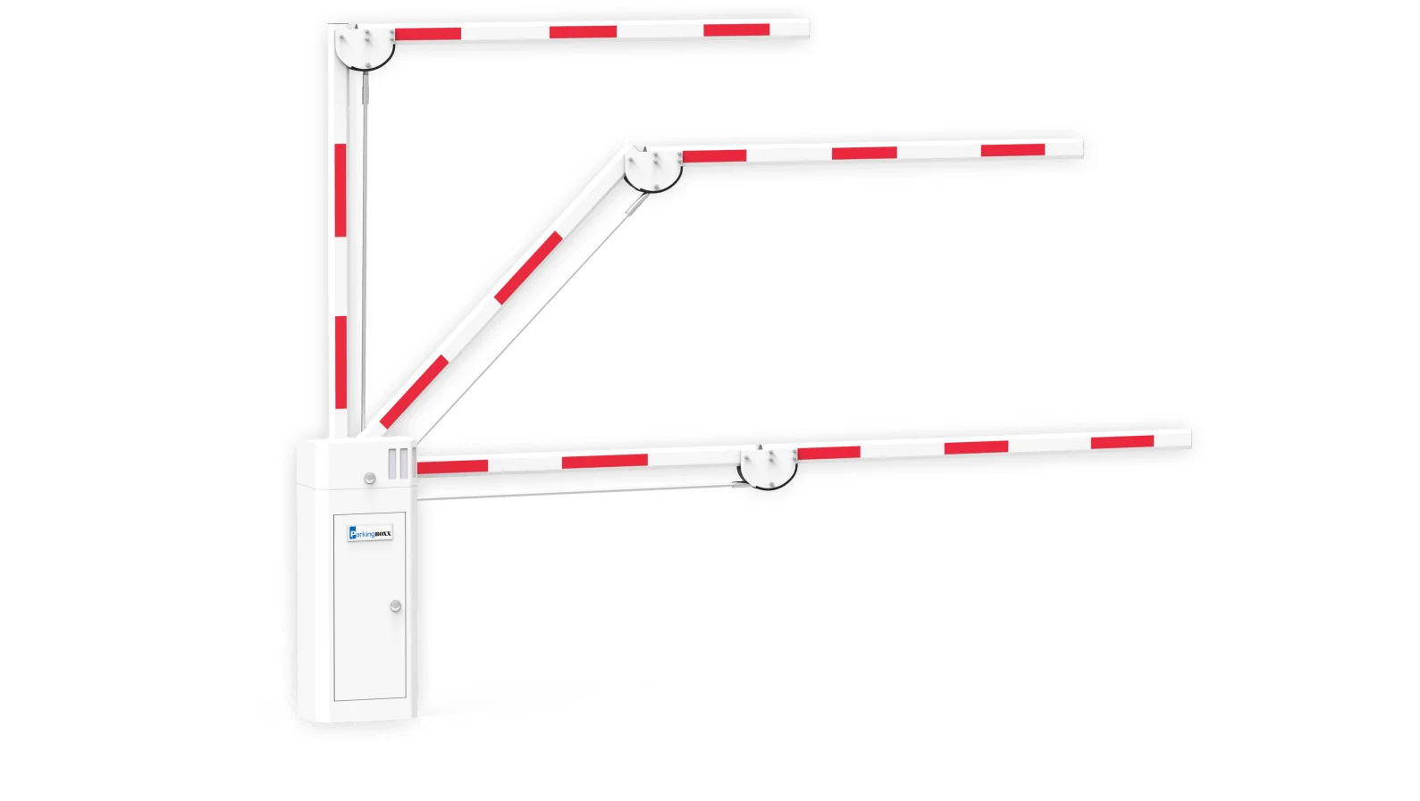 BGF-6xx folding arm barrier gate, left-hand mount, shown closed, mid-fold, and fully raised
