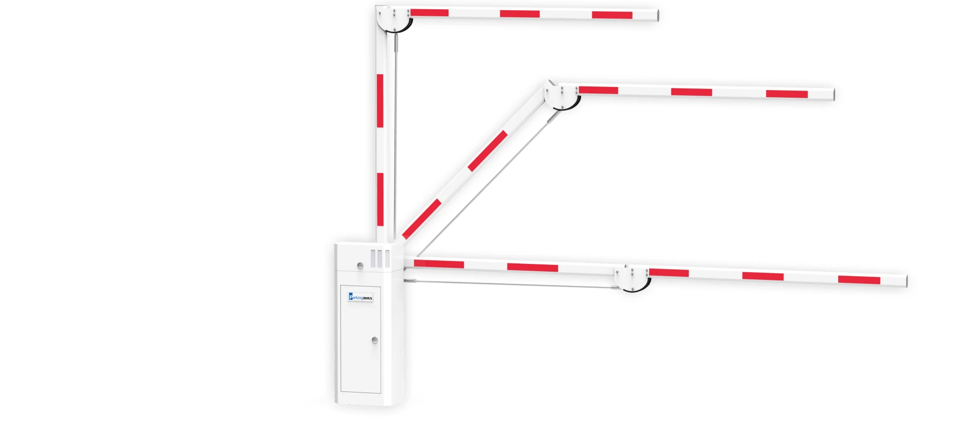 Parking BOXX folding arm barrier gate shown closed, mid-fold, and fully raised
