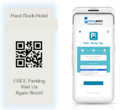 CloudEASE parking validation software — hotel validation ticket with QR code and mobile app showing coupon redemption