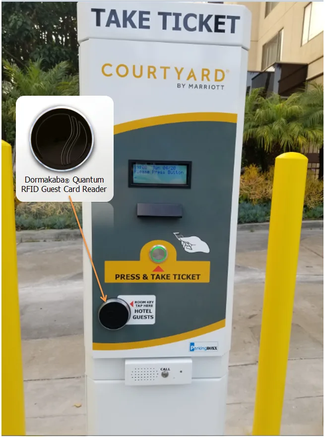 dormakaba room-key reader at the parking entry of Courtyard by Marriott LAX