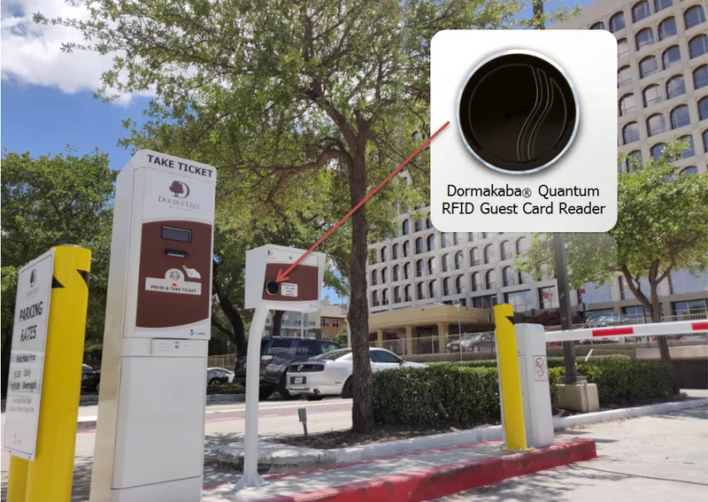 dormakaba Quantum RFID room-key reader on Parking BOXX entry and exit kiosks at a DoubleTree by Hilton hotel