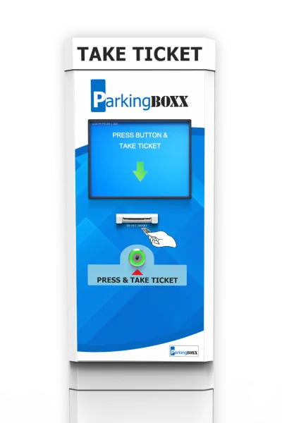 Parking BOXX Entry BOXX ticket dispenser at parking lot entry lane