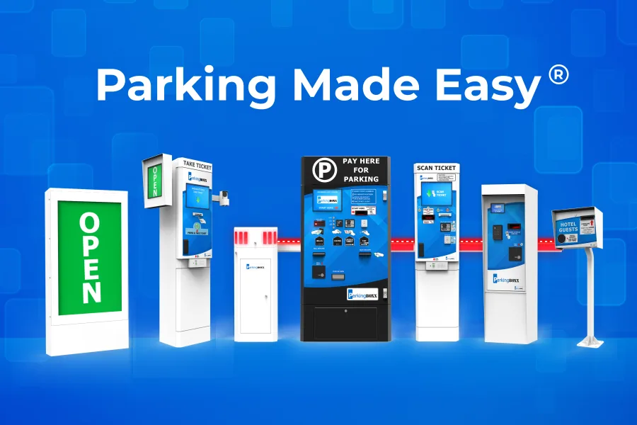 Full-featured gated parking system by Parking BOXX — entry ticket machine, walk-up pay station, exit lane, and barrier gates